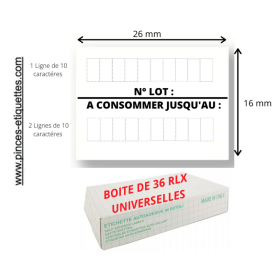 Étiquettes 26X16 mm N° LOT + A CONSOMMER JUSQU'AU METO SATO TOVEL PRINTEX