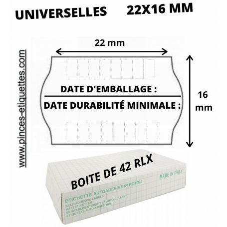 ÉTIQUETTES 2 LIGNES : DATE D'EMBALLAGE  + DATE DURABILITÉ MINIMALE - UNIVERSELLES 22X16 MM
