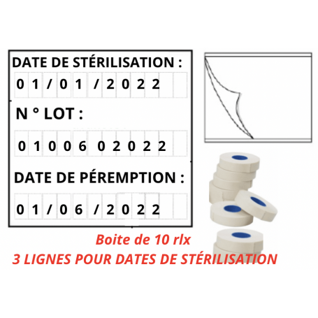 Etiquette pour Date de stérilisation Date de Péremption N° Lot Double Adhésif Décollable Blanche Etiqueteuse 3 Lignes