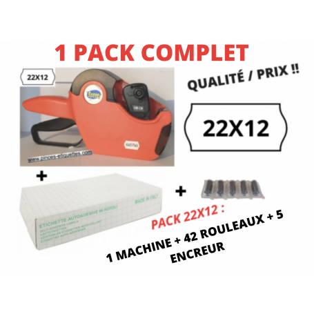 PACK 22X12 : 42 RLX ETIQUETTES BLANCHES + 1 Etiqueteuse + 5 Encreurs Format METO 22x12 mm