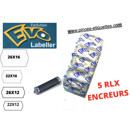 5 RLX ENCREURS ETIQUETEUSE EVO 1/2 LIGNES : 22X12-22X16-26X12-26X16