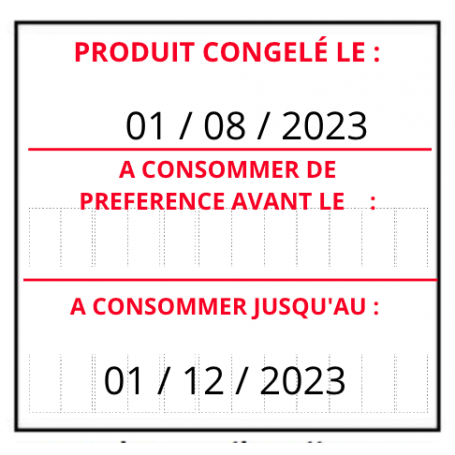 Étiquettes DATE DE CONGELATION -PRODUIT CONGELE LE - A CONSOMMER JUSQU'AU - A  CONS DE PREF : 3 lignes Universelle METO