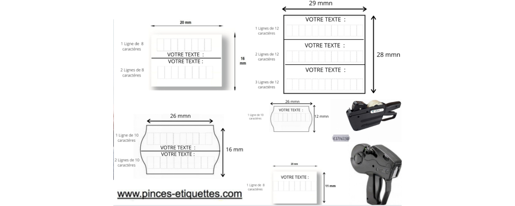 Etiquettes POUR ESTAMPILLE  PERSONNALISABLE pour étiqueteuses, pinces à étiqueter PERSONNALISÉ IMPRIMER VOTRE TEXTE sur 1 ligne 2 lignes et 3 lignes  