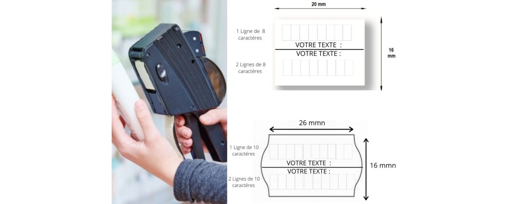 Etiqueteuses METO PRINTEX TOVEL BLITZ SATO AVERY Prix Pistolet d'étiquetage Pince étiqueter 2 lignes Date Pistolet étiquette Format 22X16 26X16 20X16  Dateur SATO AVERY DENNISON Etiqueteuse METO   